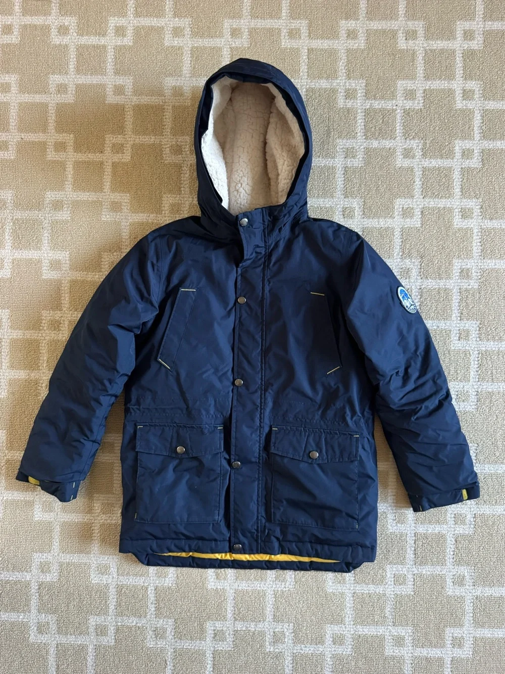 Lands’ End Kids Down Parka Sherpa Lined Hooded Coat Navy Yellow Medium 10-12